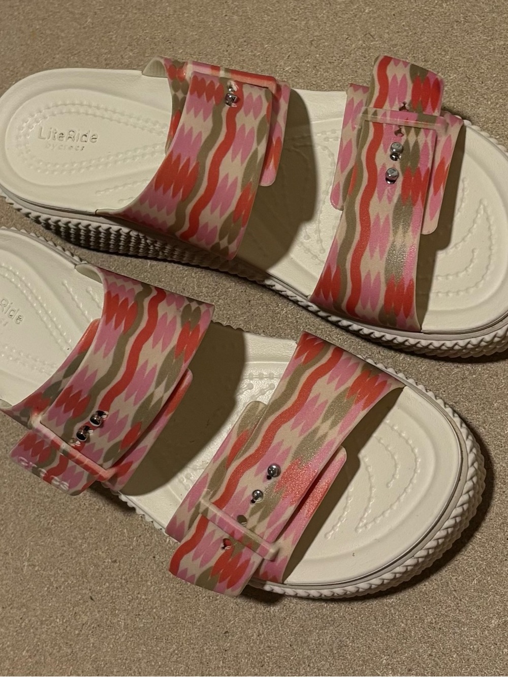 CROCS White Sandal Slides with Pink & Coral Patterned Straps